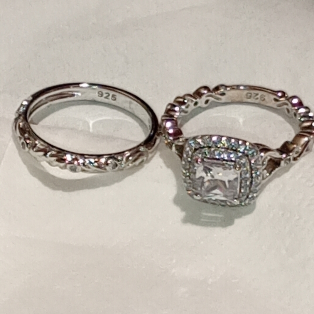 Sterling Silver Engagement And Wedding Band Ring Set/NWOT/Cocktail Ring & Band - Picture 7 of 16